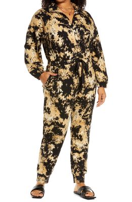 Open Edit Boiler Long Sleeve Drawstring Jumpsuit in Tan- Black Abstract Paint