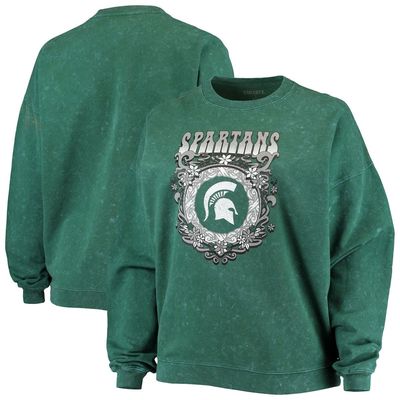 Women's ZooZatz Green Michigan State Spartans Garment Wash Oversized Vintage Pullover Sweatshirt
