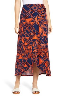 Loveappella Geo Print Faux Wrap Jersey Midi Skirt in Navy/Orange