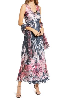 Komarov Floral Print Lace-Up Back Maxi Dress with Shawl in Blush Border