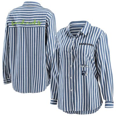 Women's WEAR by Erin Andrews College Navy Seattle Seahawks Striped Long Sleeve Button-Up Shirt