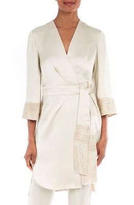 Badgley Mischka Collection Fringe Tie Satin Duster in Ivory