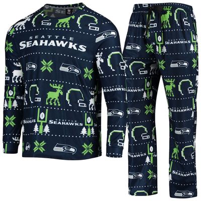 Men's FOCO College Navy Seattle Seahawks Wordmark Ugly Pajama Set
