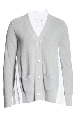 Sacai Pleated Back Cotton Cardigan in Light Grey/White