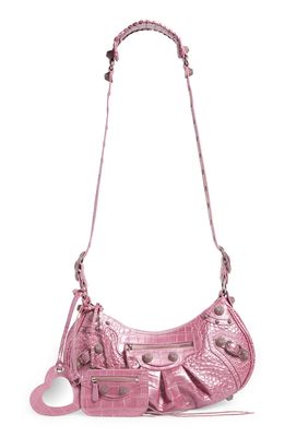 Balenciaga Le Cagole Metallic Croc Embossed Leather Shoulder Bag in Pink