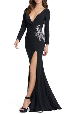 Ieena for Mac Duggal Embellished Long Sleeve Plunge Neck Jersey Gown in Black