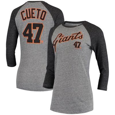 5TH AND OCEAN BY NEW ERA Women's 5th & Ocean by New Era Johnny Cueto Gray San Francisco Giants Script Name & Number Raglan Tri-Blend 3/4-Sleeve