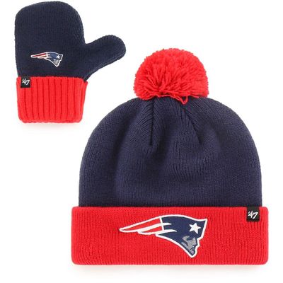 Infant '47 Navy/Red New England Patriots Bam Bam Cuffed Knit Hat With Pom and Mittens Set