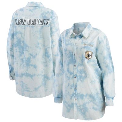 Women's WEAR by Erin Andrews Denim New Orleans Saints Chambray Acid-Washed Long Sleeve Button-Up Shirt
