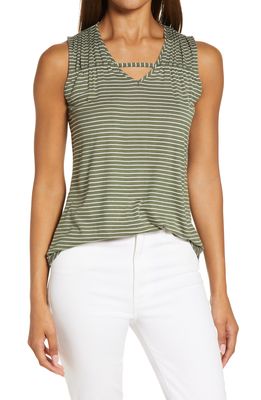 Loveappella Stripe Gathered Shoulder Cutout Tank in Olive