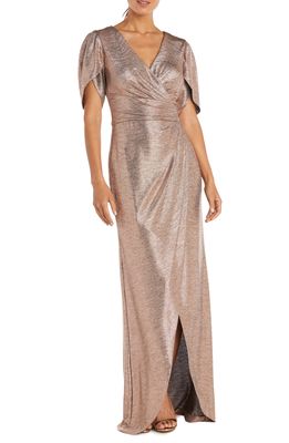 Nightway Shimmer Tulip Sleeve Faux Wrap Gown in Rose Gold