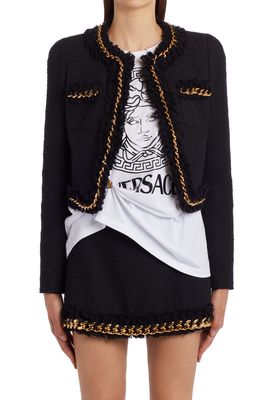 Versace Chain Detail Crop Tweed Jacket in Black
