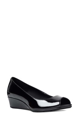 Bandolino Peep Toe Wedge Pump in Black Faux Patent Leather