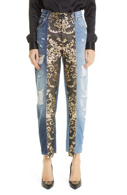 Dolce & Gabbana Distressed Brocade Patchwork Relaxed Crop Jeans in Multi