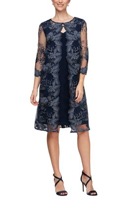 Alex Evenings Embroidered Mock Jacket Cocktail Dress in Navy