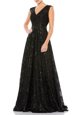 Mac Duggal Sequin Embroidered A-Line Gown in Black