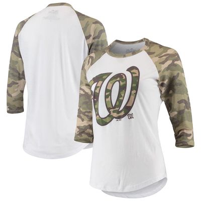 Women's Majestic Threads White/Camo Washington Nationals Raglan 3/4-Sleeve T-Shirt