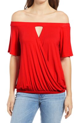 Loveappella Loveapella Off the Shoulder Faux Wrap Top in Coral