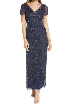 Pisarro Nights Beaded Lace Short Sleeve Gown in Navy