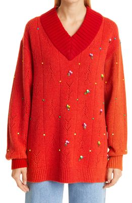 YanYan Rosie Oversize Pointelle Lambswool Sweater in Red