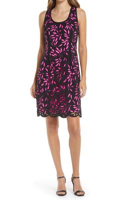 Shani Laser Cut Lace Sheath Dress in Black/Fuchsia