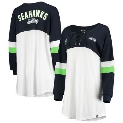 Women's New Era White/College Navy Seattle Seahawks Athletic Varsity Lace-Up V-Neck Long Sleeve T-Shirt