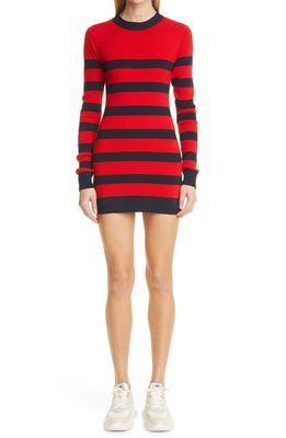 MONSE Stripe Open Back Long Sleeve Merino Wool Blend Sweater Minidress in Midnight/Scarlet