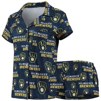 Women's Concepts Sport Navy Milwaukee Brewers Zest Allover Print Button-Up Shirt & Shorts Sleep Set