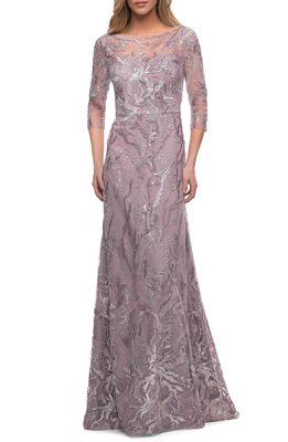 La Femme Sequin Lace A-Line Gown in Mauve