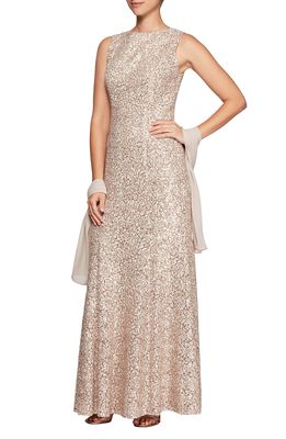 Alex Evenings Sequin Trumpet Gown with Shawl in Chai/Ivory