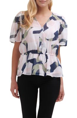 DKNY SPORTSWEAR Abstract Print Faux Wrap Blouse in Ivory Herb