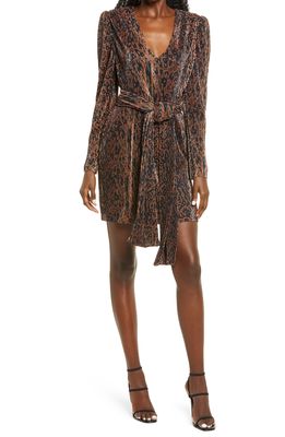 WAYF Riverside Pleated Long Sleeve Faux Wrap Minidress in Abstract Animal Plisse