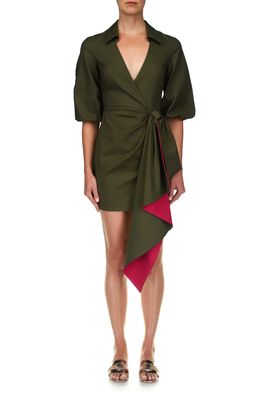 One33 Social Two Tone Sash Detail Cotton Blend Minidress in Olive/Magenta