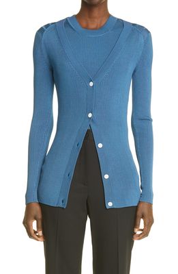 St. John Collection Rib Fitted Cardigan in Steel Blue