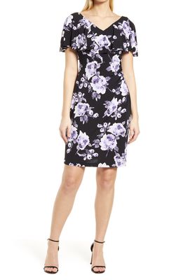 Connected Apparel Floral Print Cape Dress in Lavender