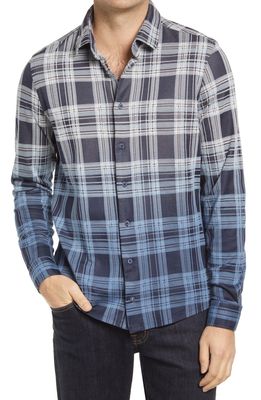 Stone Rose Plaid Dip Dye Knit Button-Up Shirt in Navy