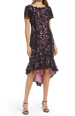 Shani Laser Cut Floral High-Low Cocktail Dress in Black/Pink