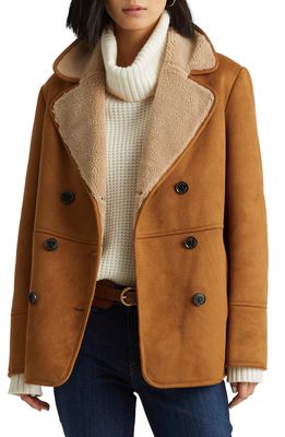 Lauren Ralph Lauren Double Breasted Faux Shearling Coat in Cognac