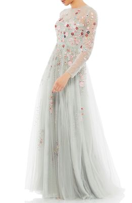 Mac Duggal Floral Embroidered Long Sleeve A-Line Gown in Platinum Multi