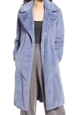 Open Edit Belted Faux Fur Wrap Coat in Blue Azure
