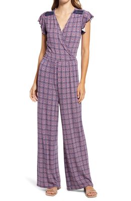 Loveappella Print Faux Wrap Jumpsuit in Navy/Blush