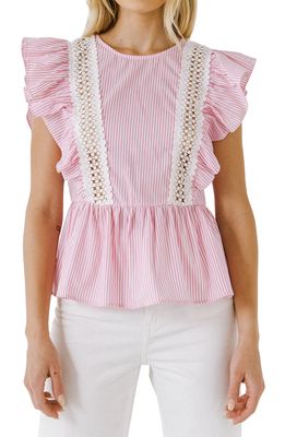 English Factory Stripe Ruffle Sleeveless Cotton Blouse in Pink White Stripe