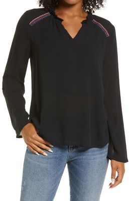Bobeau Embroidered Long Sleeve Blouse in Pirate Black