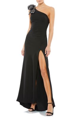Mac Duggal One-Shoulder Sequin Bow Trumpet Gown in Black
