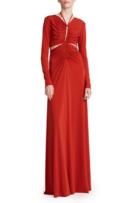 Halston Evening Baylee Cutout Detail Long Sleeve Jersey Gown in Rust