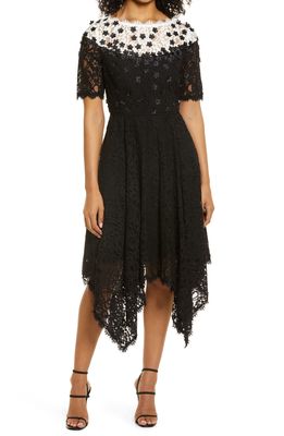 Shani Hanky Hem Floral Lace Dress in Black/White