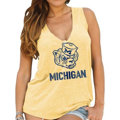 Women's Original Retro Brand Yellow Michigan Wolverines Relaxed Henley V-Neck Tri-Blend Tank Top in Maize