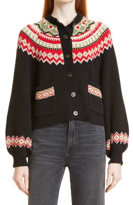 THE GREAT. The Great The Holiday Fair Isle Sophomore Cotton Blend Cardigan in Black W/Holiday Fair Isle