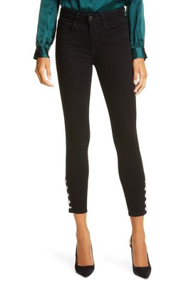 L'AGENCE Lindsey Crystal Button High Waist Ankle Skinny Jeans in Noir