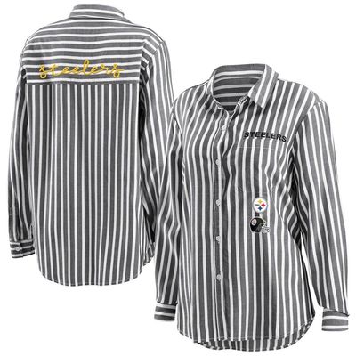 Women's WEAR by Erin Andrews Black Pittsburgh Steelers Striped Long Sleeve Button-Up Shirt